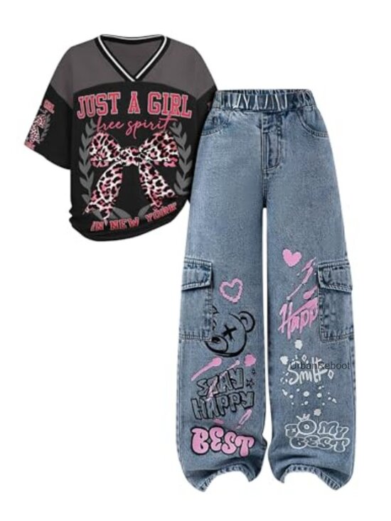 Other - Girls 2 Piece Outfit V Neck Graphic Tee and Wide Leg Denim Jeans Set